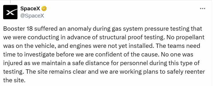SpaceX has published a statement about the recent anomaly of Super Heavy Booster 18