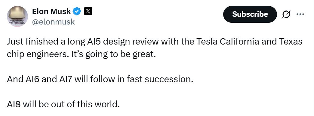 Tesla CEO, Elon Musk completed AI5 chip review