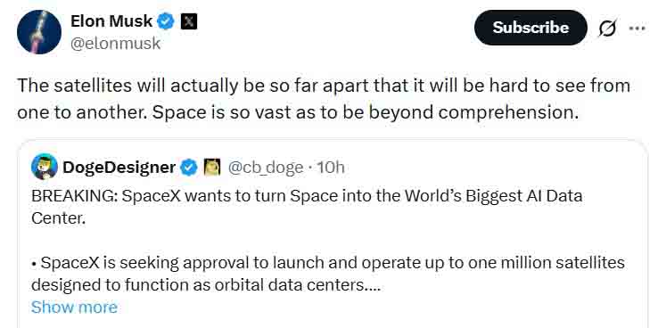 Elon Musk comments on 1 million SpaceX Starlink satellites
