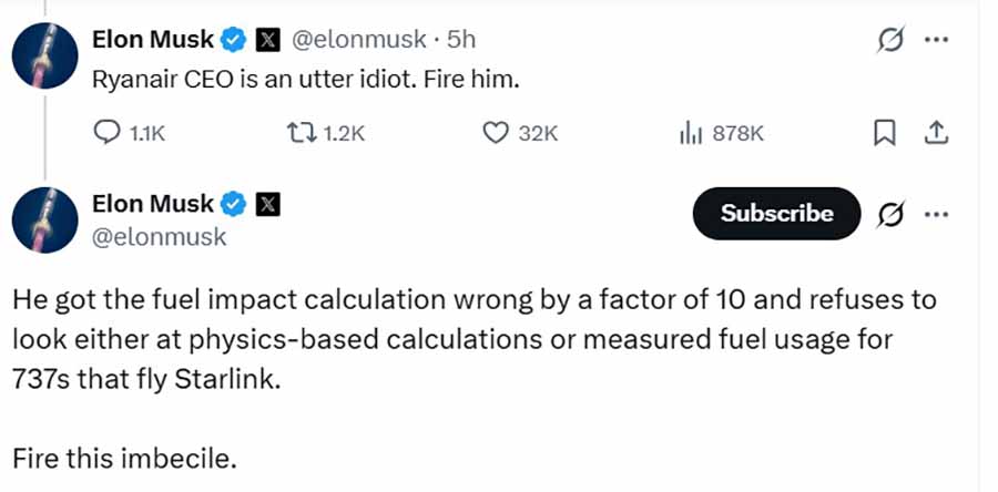 Ryanair CEO Michael O'Leary and SpaceX Founder and CEO Elon Musk throws jabs at each other over Starlink integration