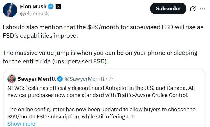 Elon Musk announces FSD prices will increase in future