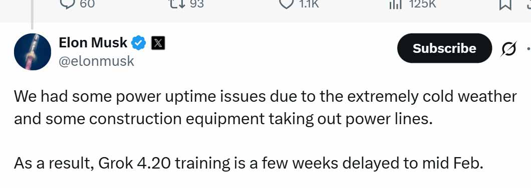 xAI Grok 4.20 training delayed to mid-February