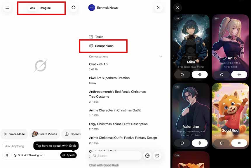 xAI has removed Companions feature from home screen tab and moved it to the side bar on the Grok app