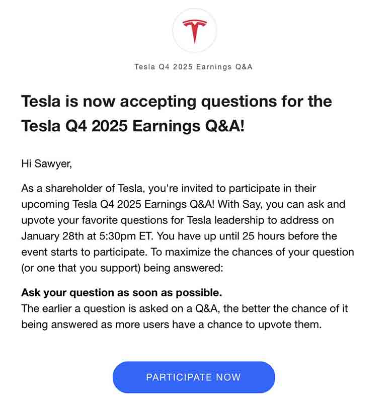 Tesla has started acception questions from shareholders for Q4 2025