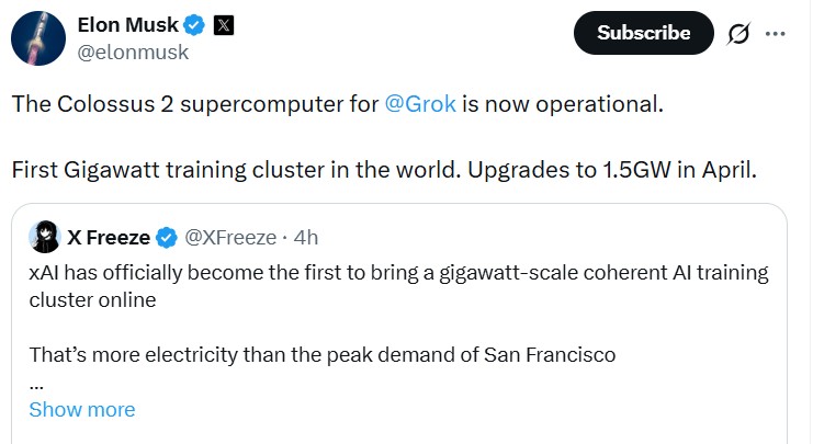 xAI Activates Colossus 2: The world's first Gigawatt-scale AI training ...