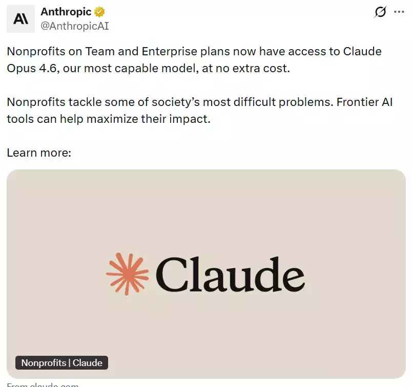 Nonprofits on Team and Enterprise plans can access Claude Opus 4.6