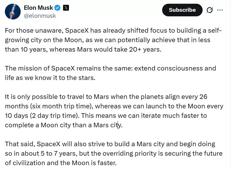 Elon Musk said SpaceX is switching mission from Mars to Moon