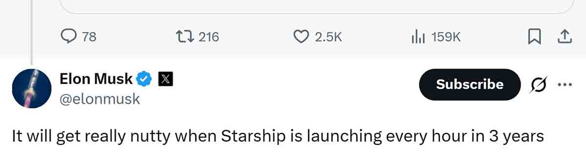 SpaceX Founder and CEO, Elon Musk predicts Starship will launch every hour in 3 years