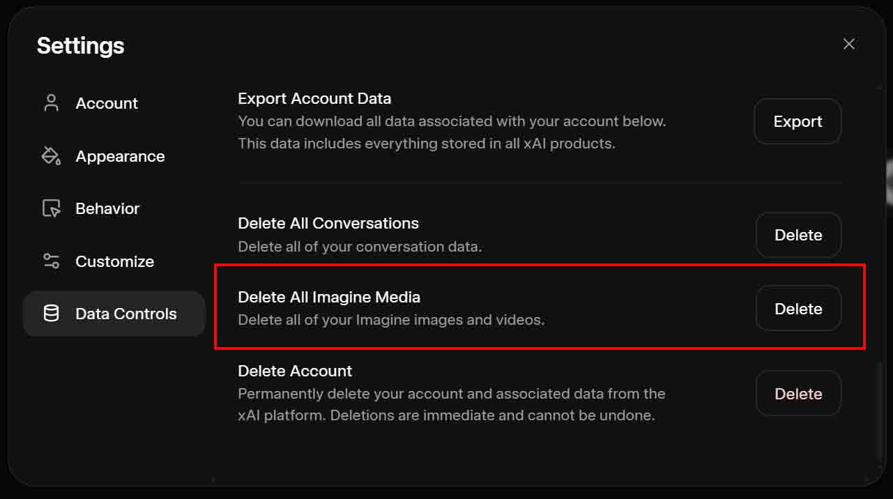 delete xAI Grok Imagine images videos