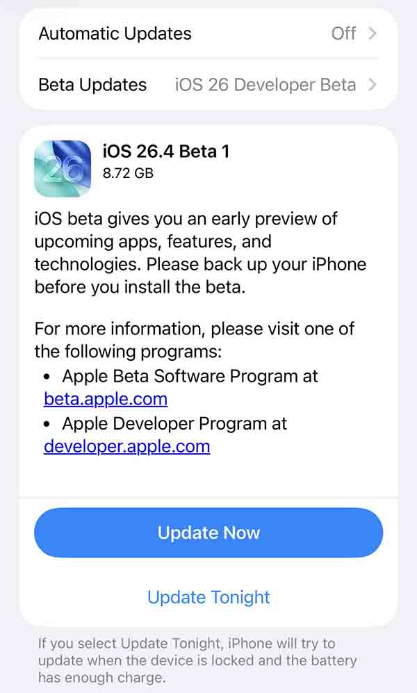 iOS 26.4 Beta 1