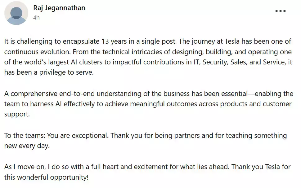 Raj Jegannathan Tesla exit
