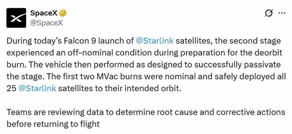 SpaceX Falcon 9 second stage anomaly during Group 17-32 Starlink satellite mission
