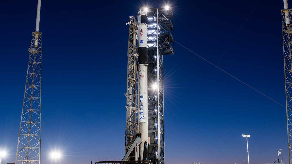 Falcon 9 rocket with the Crew-12 Dragon spacecraft now stands vertical at Space Launch Complex 40 in Florida