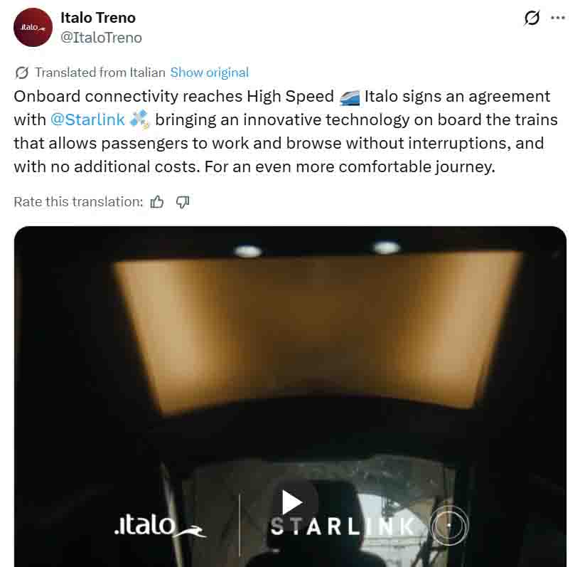 Starlink is now available on high-seepd Italo Treno trains