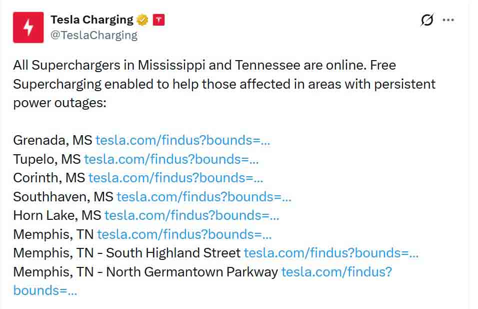 Tesla announces free Supercharging in Mississippi and Tennessee