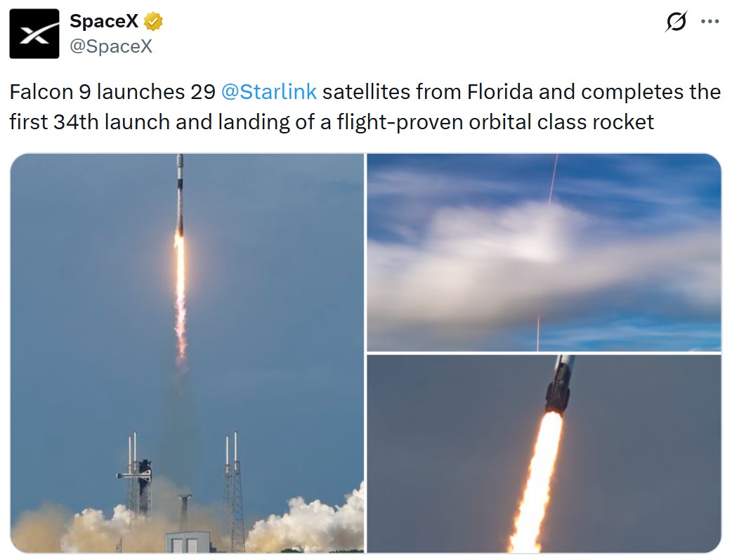 SpaceX completed 34th launch and landing of a Falcon 9 first stage booster