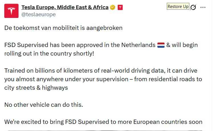 Tesla Full Self Driving (FSD) supervised Europe Netherlands approval